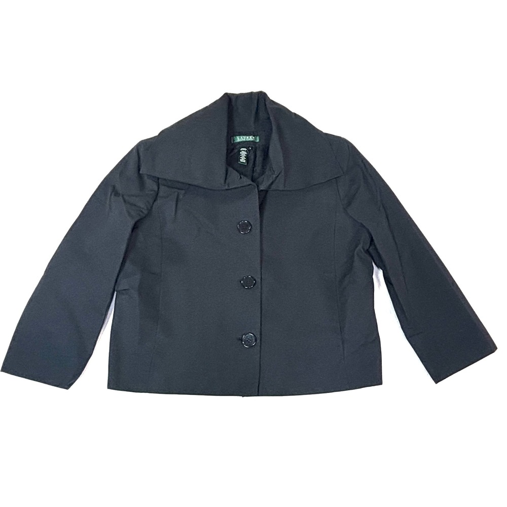Lauren Ralph Lauren Women Black Oversized Collar Jacket Sz 10 Cotton Silk Blend